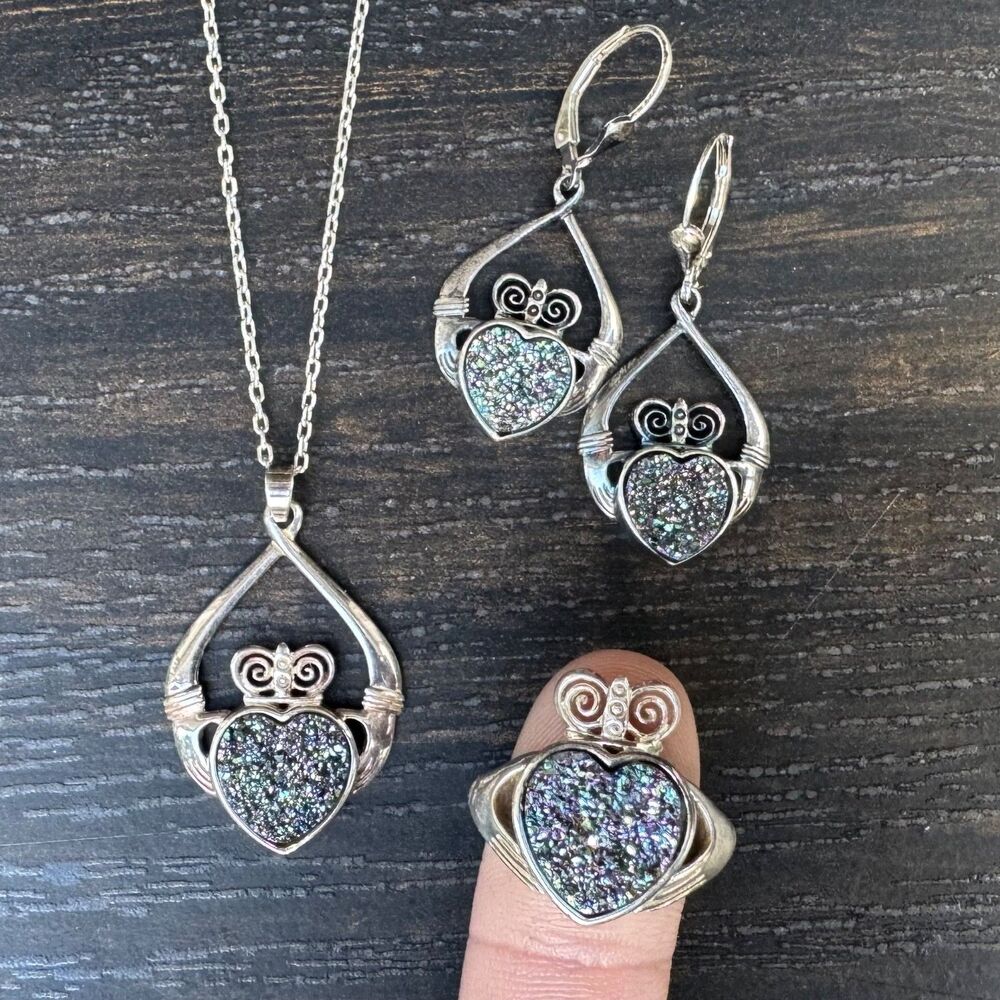 Claddagh Druzy Set: Necklace Ring & Earrings, Sea Green Drusy, JMH Ireland
